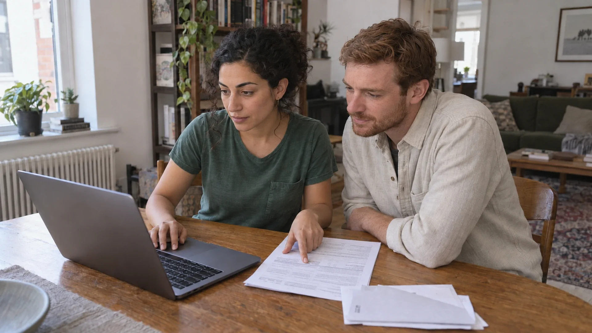 A couple getting started on reviewing a report together at their laptop.