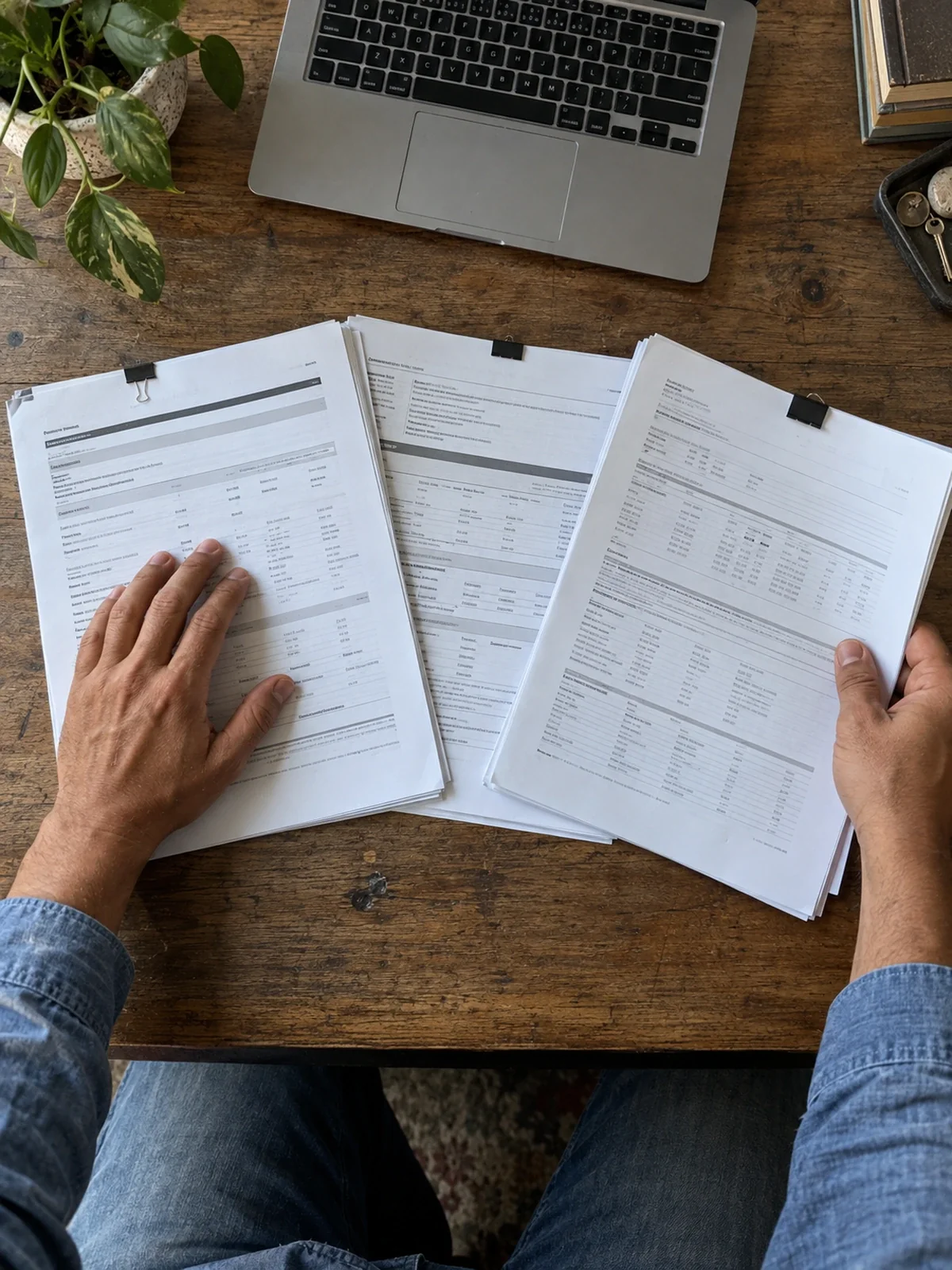 Three separate report packets being compared side by side at a home desk.