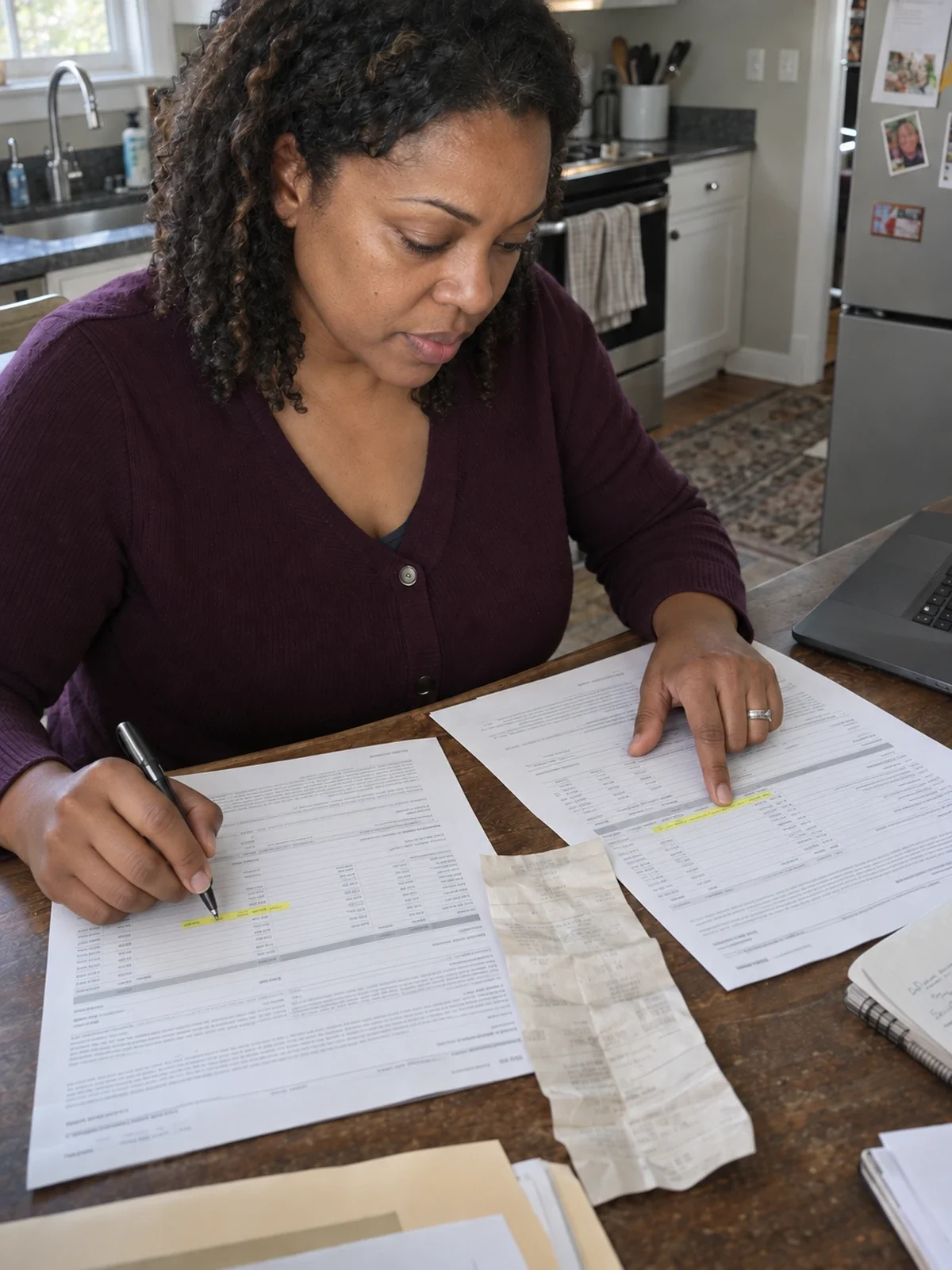 A woman comparing highlighted report entries against an older receipt.