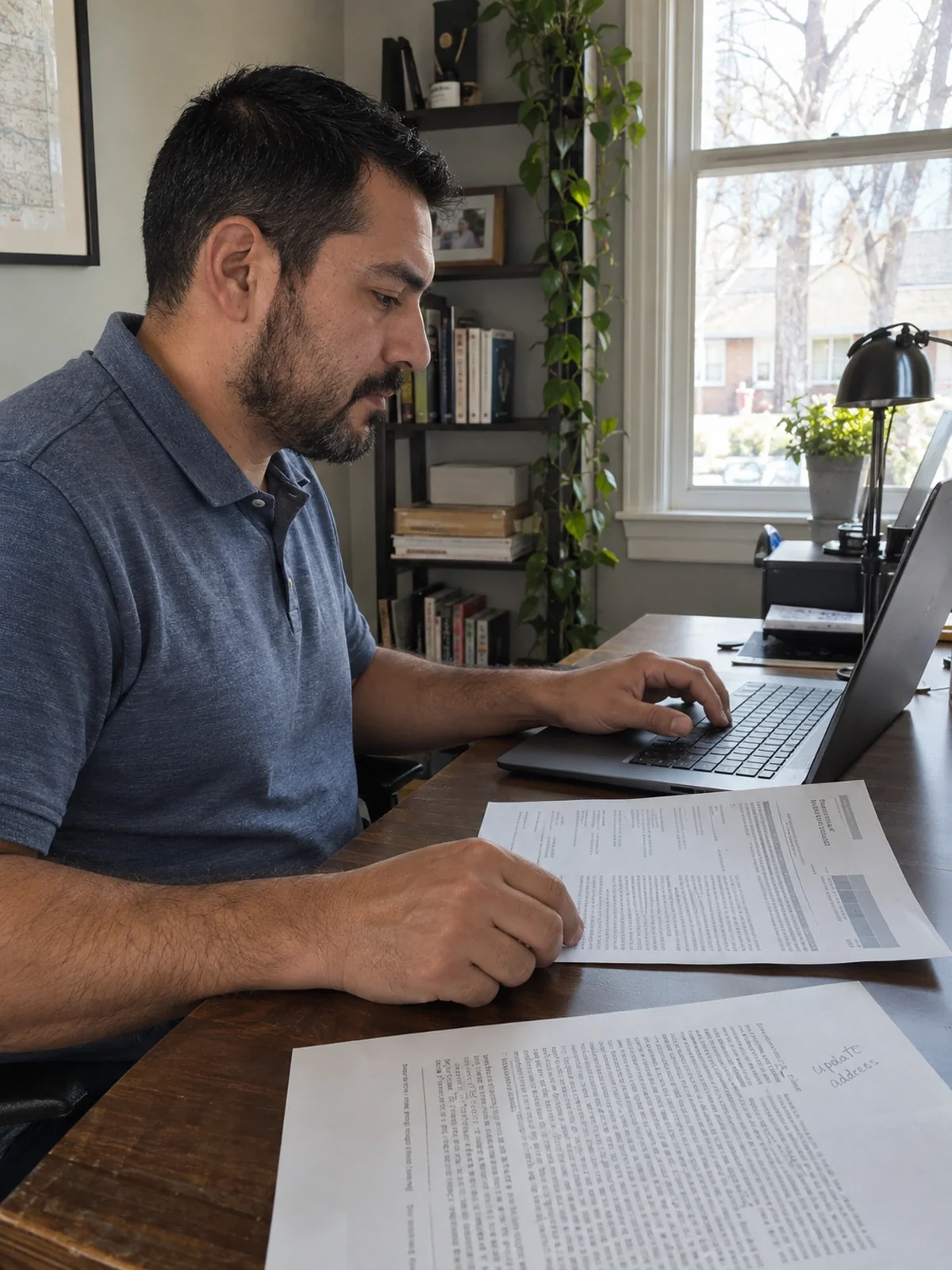 A man cross-referencing his report while preparing a letter on his laptop.