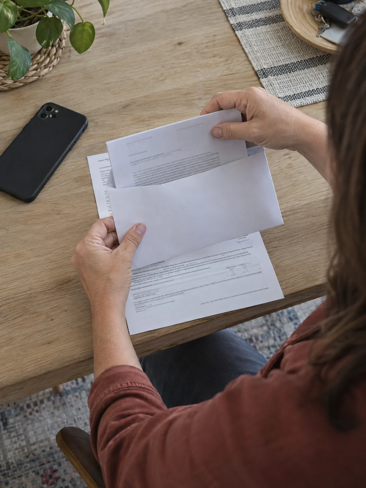 A folded letter being placed into an envelope beside a phone set face down.