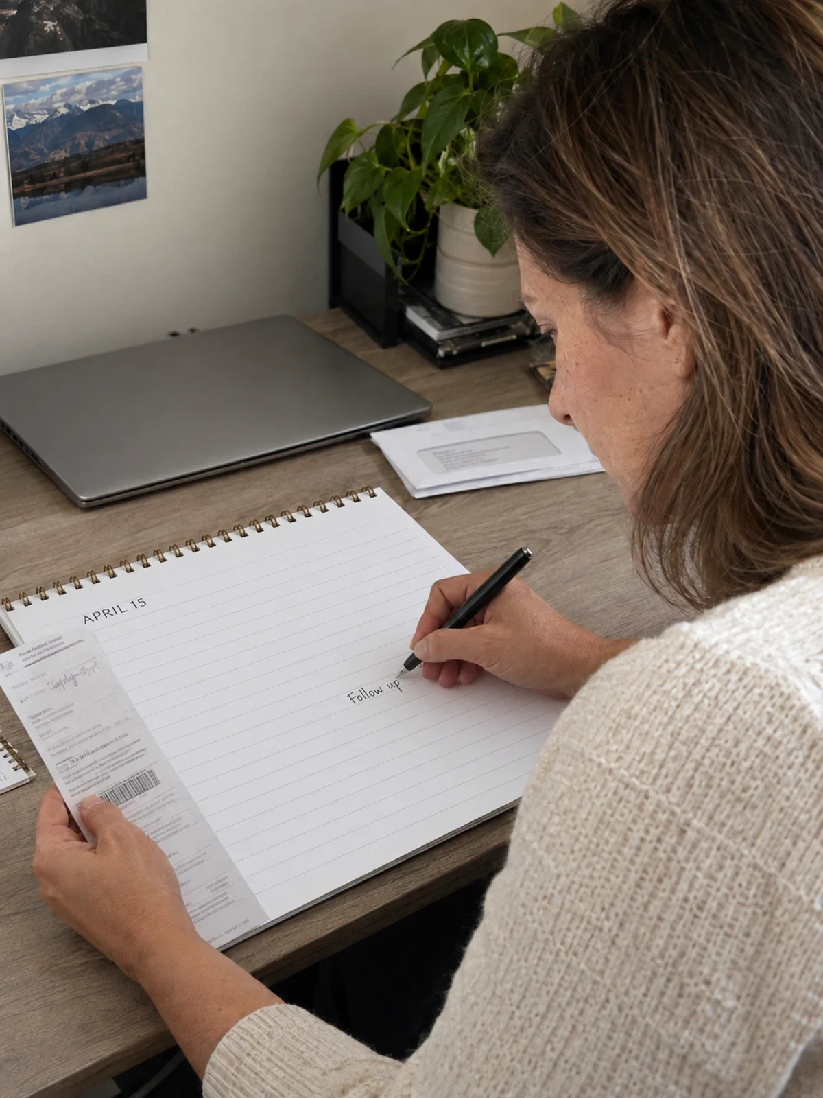 A woman recording a follow-up date in her planner while holding a mail receipt.