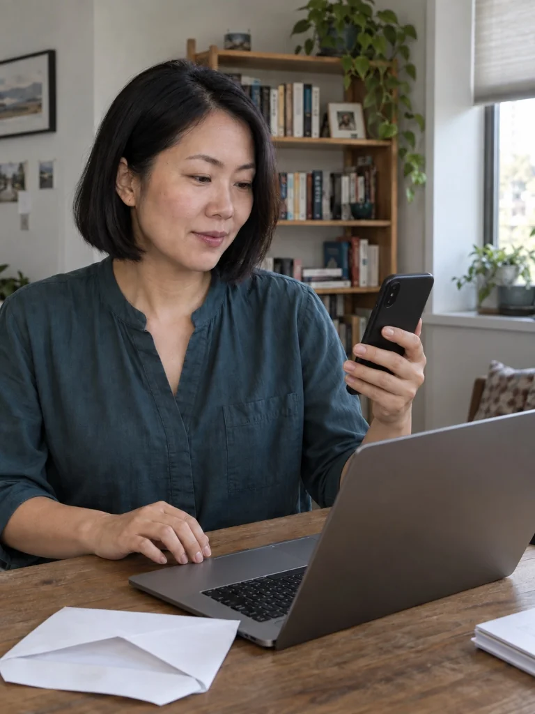 A woman reviewing information on her smartphone at her desk with a laptop and mail.